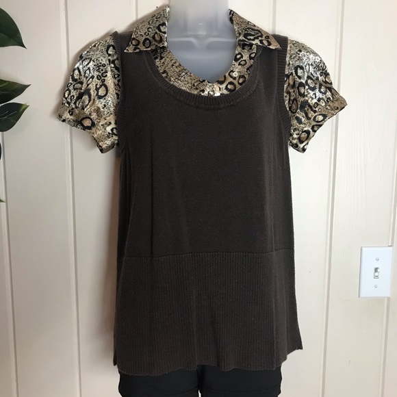 AGB Brown & Cheetah Animal Print Blouse 
Size Large 10 - 12
55% Ramie 45% Cotton - Picture 2 of 12